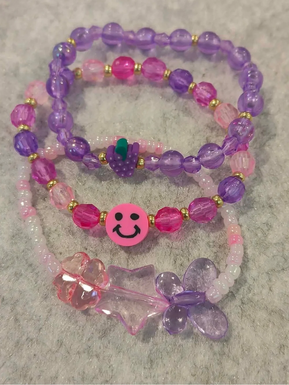 Kids Purple & Pink Beaded Stretch Bracelet Set - Smiley & Flower Charms